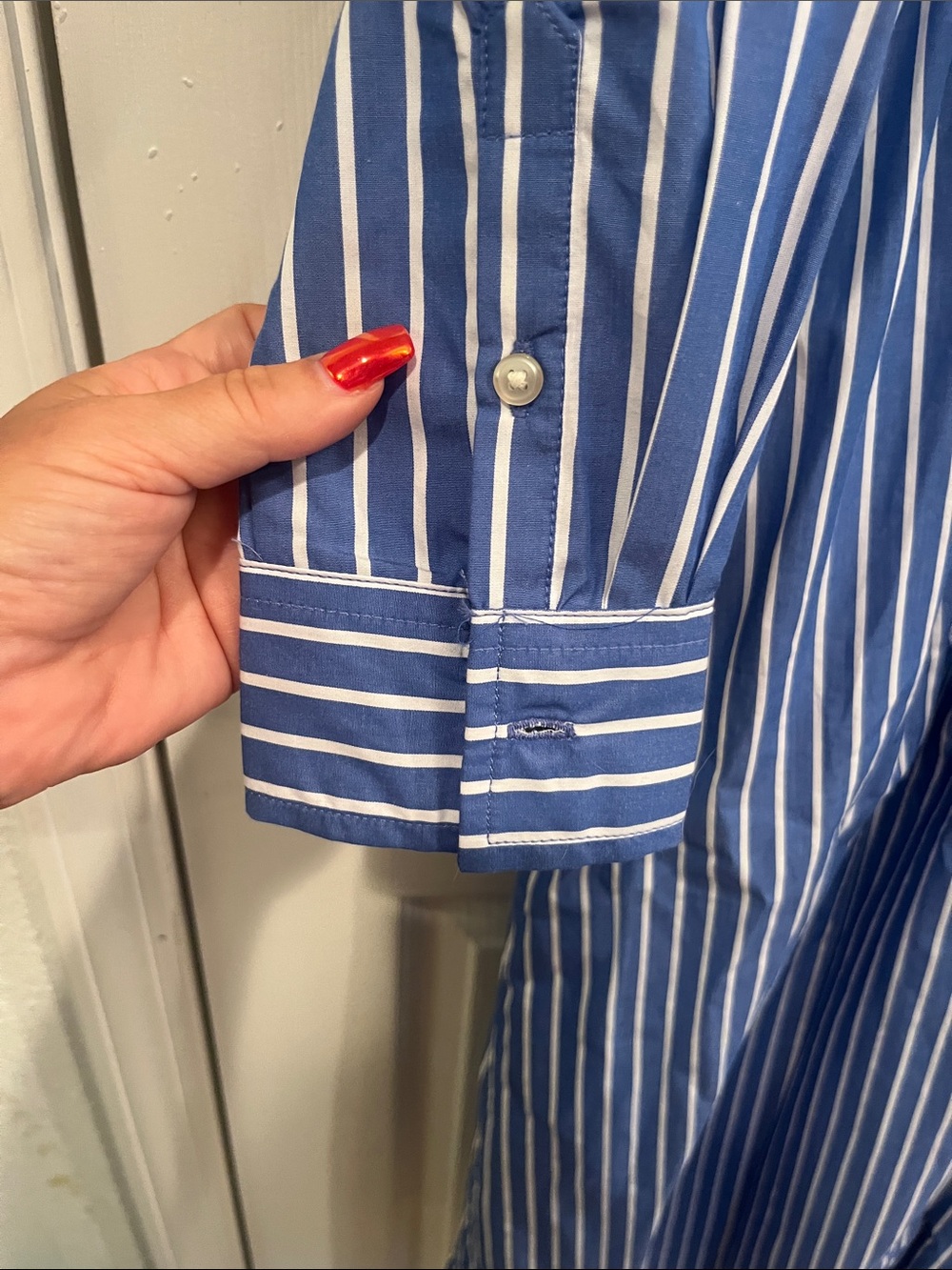Striped Blue & White Midi Shirt Dress with Tie Waist - Picture 6 of 10